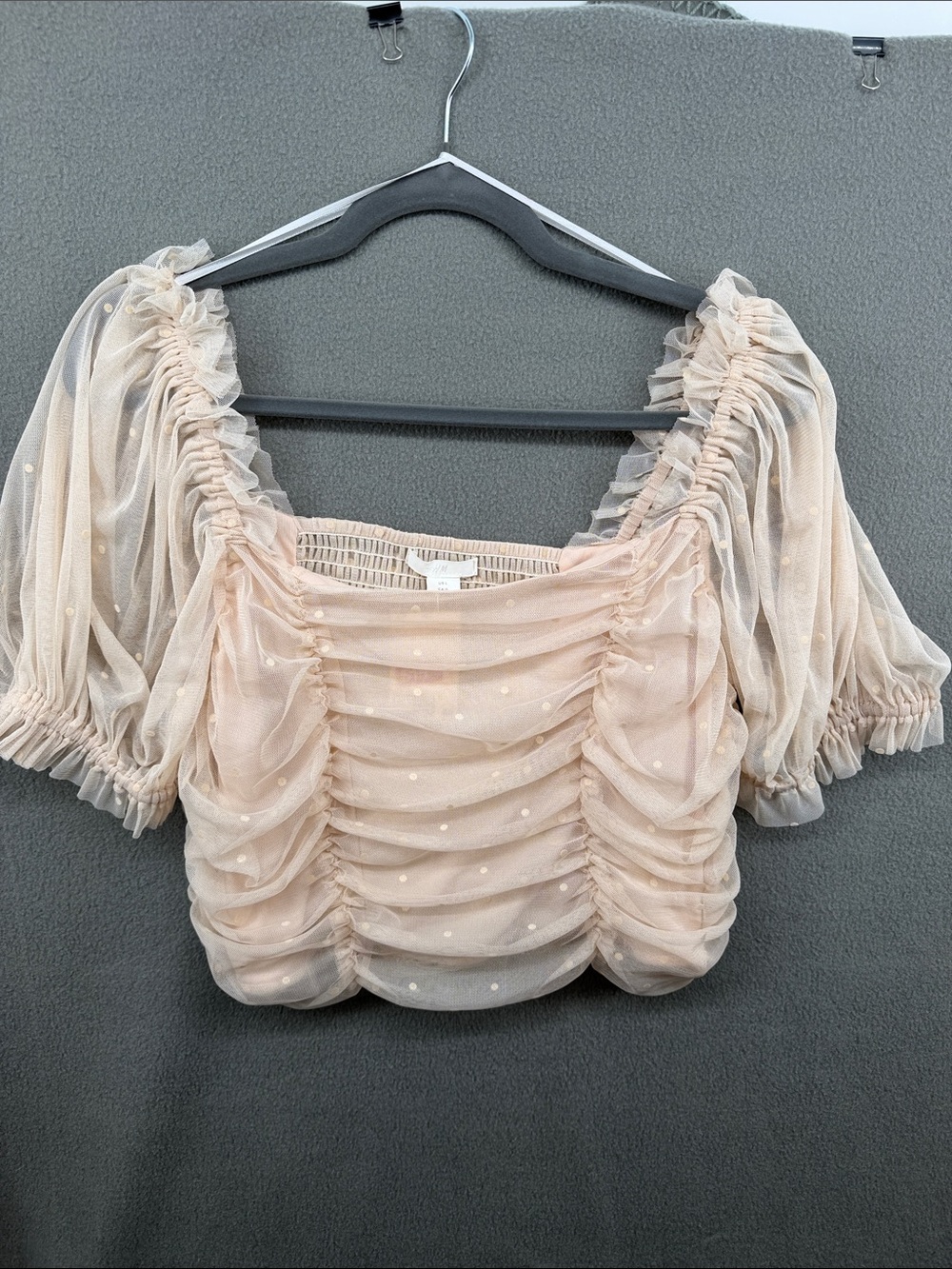 H&M Blush Sheer Ruched Puff-Sleeve Crop Top A27